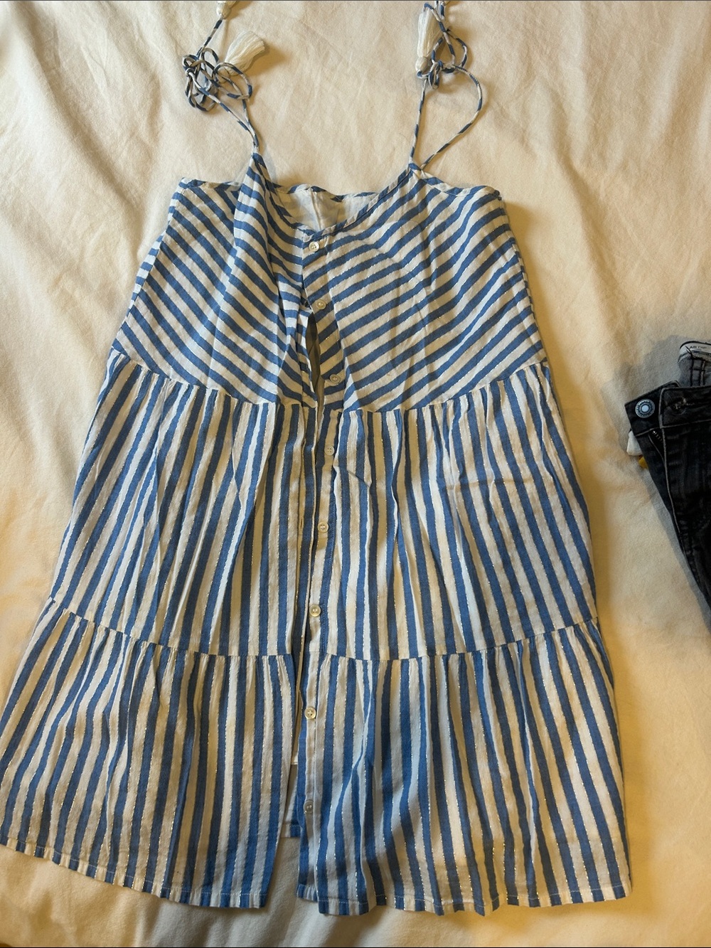 Sezane Blue and White Striped Tiered Sundress
